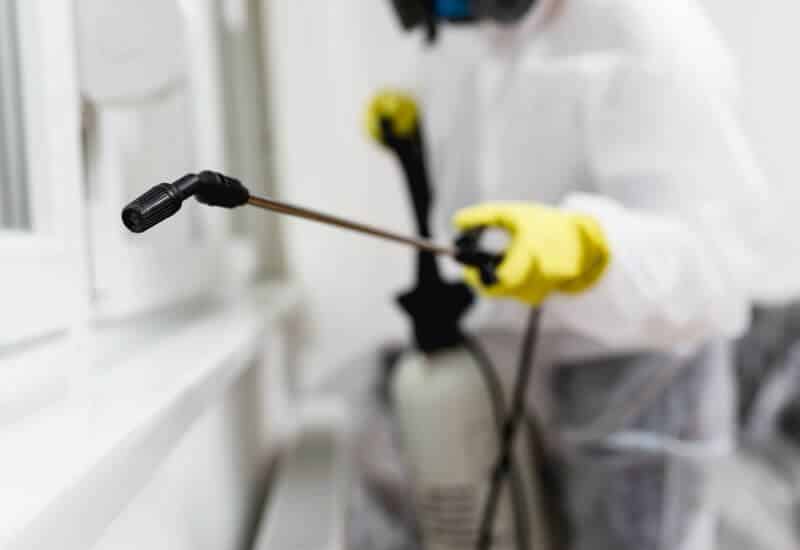 disinfestatore con attrezzatura e protezione