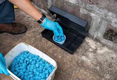 disinfestatore inserisce in una trappola rodenticidi per disinfestazione topi